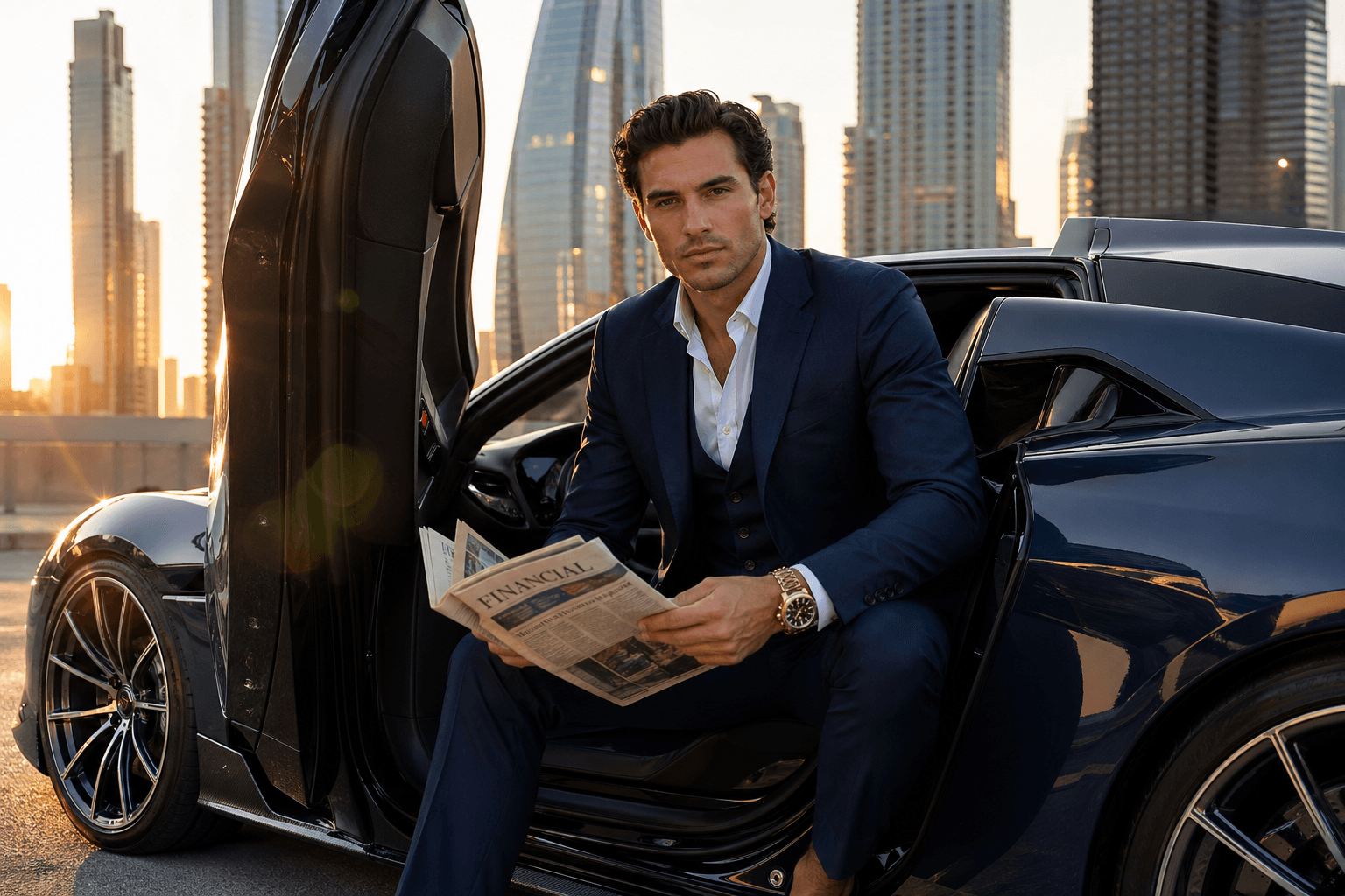 AI Prompt for Executive Identity Portrait: Navy Suit, Scissor-Door Supercar, Cityscape Background - Nano Banana Generated Art Prompt