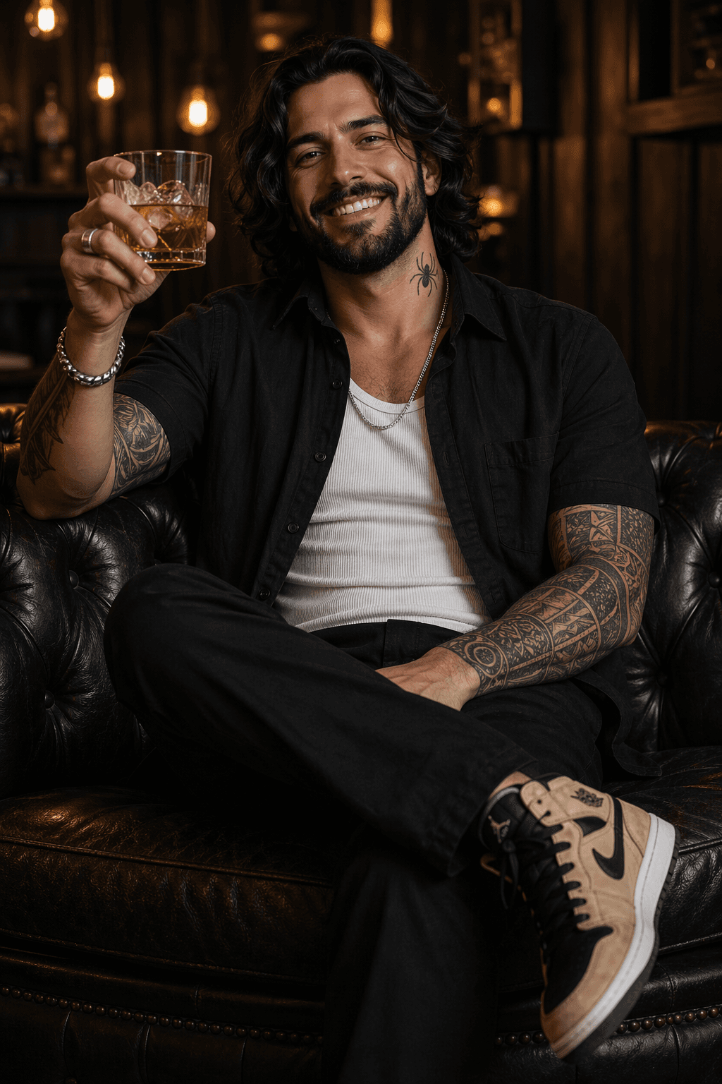 Breathtaking Cinematic Portrait of a Tattooed Man with Whiskey - Flux Generated Art Prompt