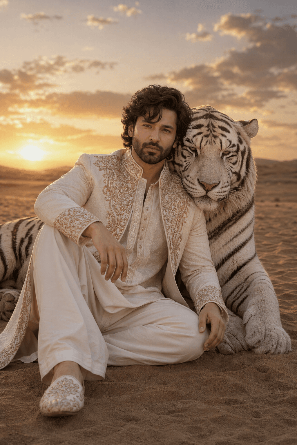 Cinematic AI Portrait Prompt: Man With White Tiger in Desert - Midjourney Generated Art Prompt