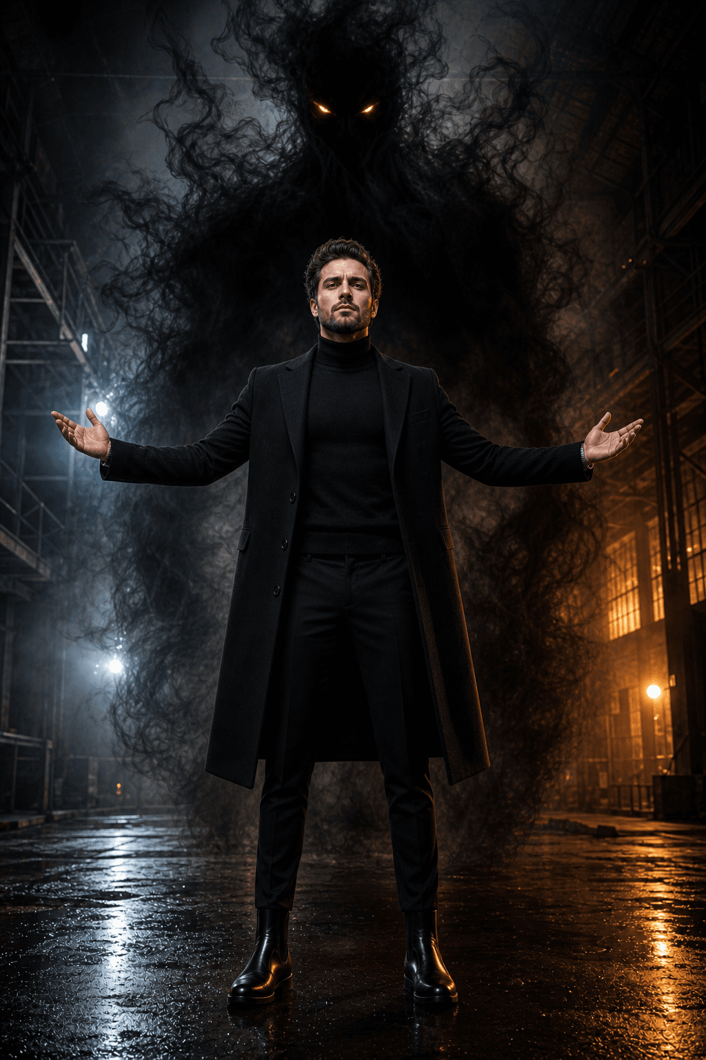 Haunting Dark Portrait — Black Smoke Rises Behind Him - Flux Generated Art Prompt