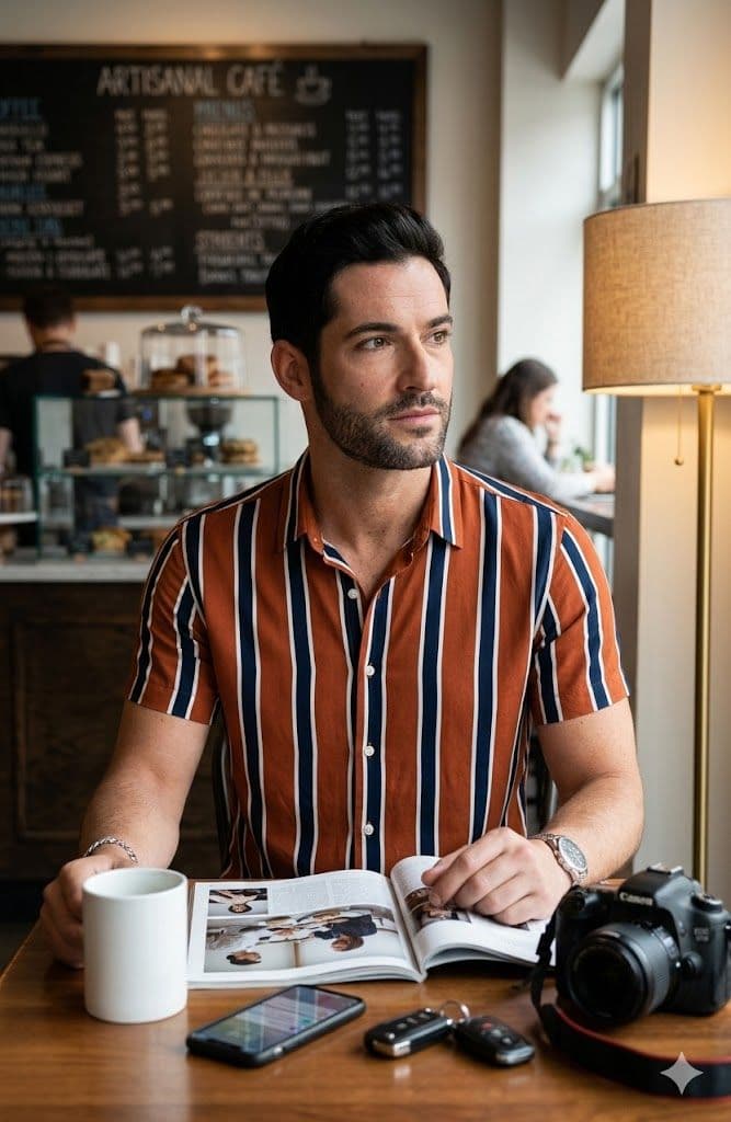 Professional Realistic Male Portrait in Modern Cafe Midjourney AI Prompt - Midjourney Generated Art Prompt